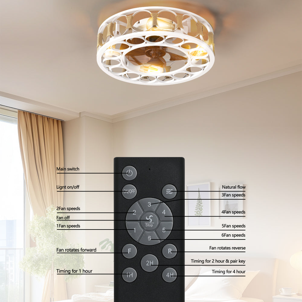Caged Flush Mount Ceiling Fan with LED Lights & Remote – Farmhouse Matte Black, 6 Speeds & Reversible DC Motor