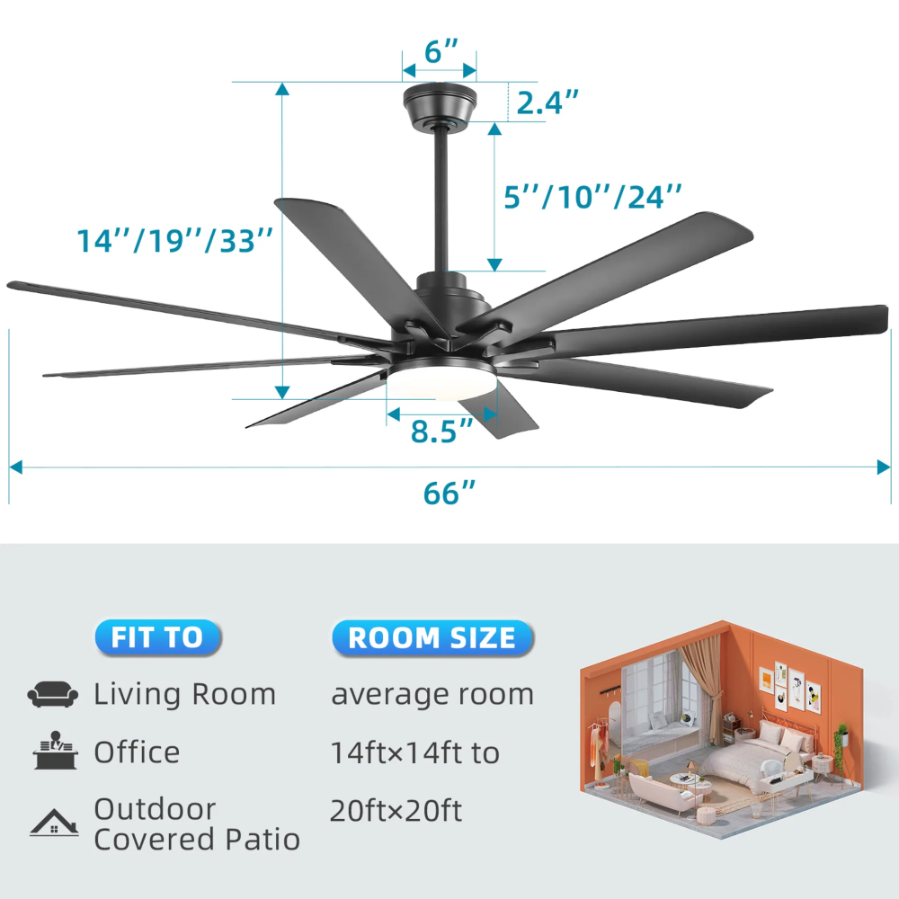 66" Smart Ceiling Fan with LED Light | 8-Blade Dimmable Fan with DC Motor, Remote, App & Voice Control — Alexa & Google Home Compatible