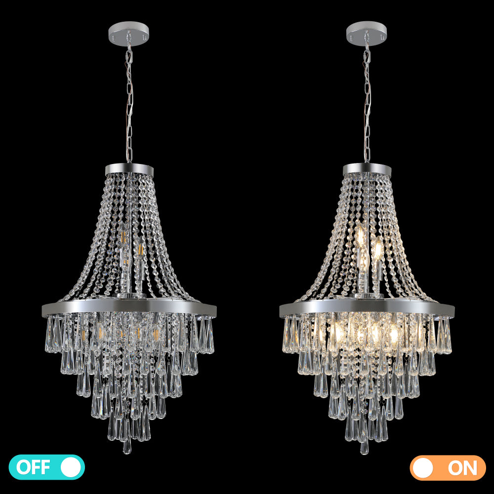 20-inch K9 crystal chandelier with chrome finish, 11 lights, adjustable height 33-71 inches, shown off and on with cascading crystal drops against black background.