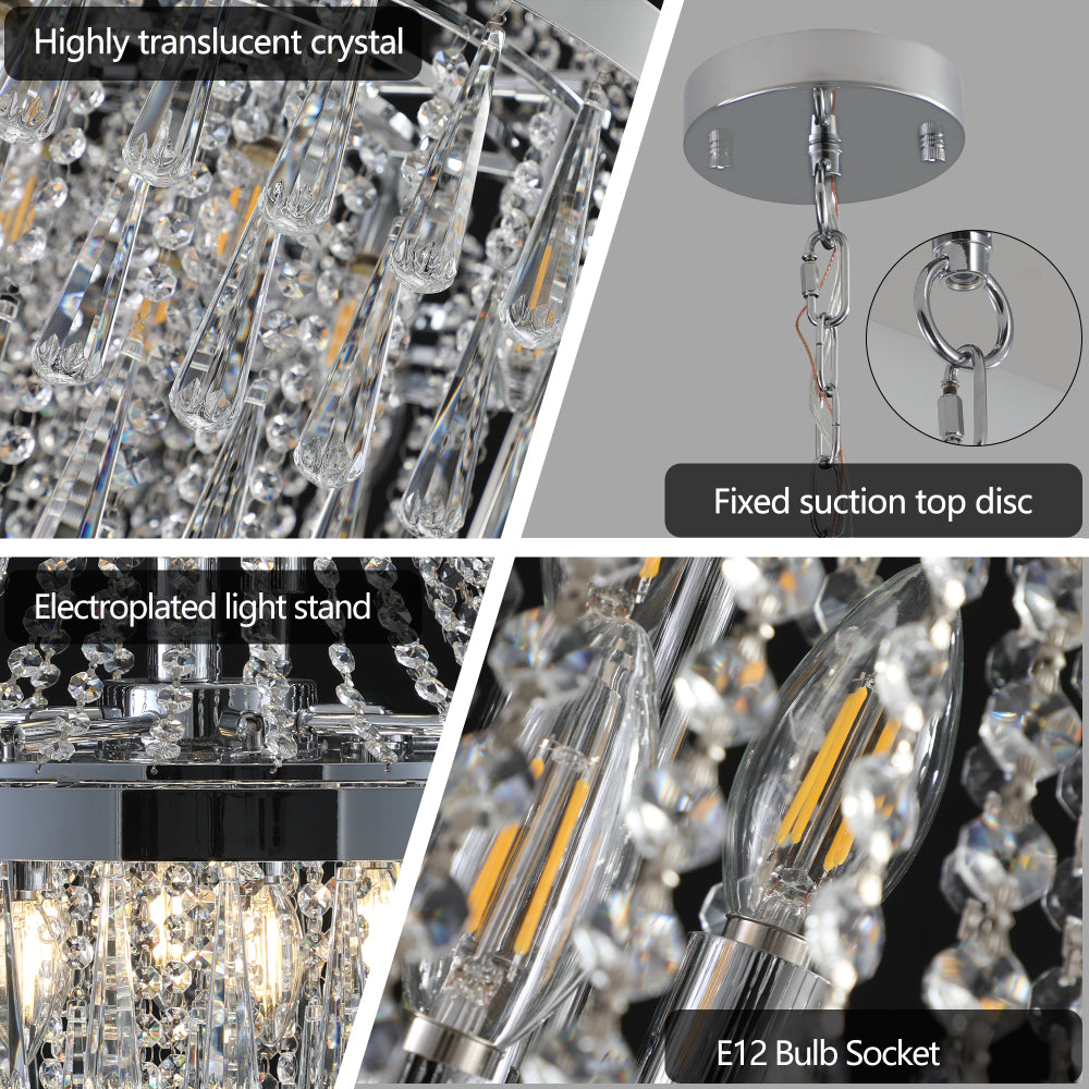 Collage of 20" K9 crystal chandelier details: highly translucent crystals, fixed suction top disc, electroplated light stand, E12 bulb socket.