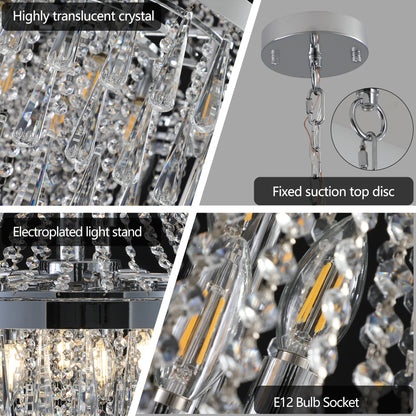Collage of 20" K9 crystal chandelier details: highly translucent crystals, fixed suction top disc, electroplated light stand, E12 bulb socket.