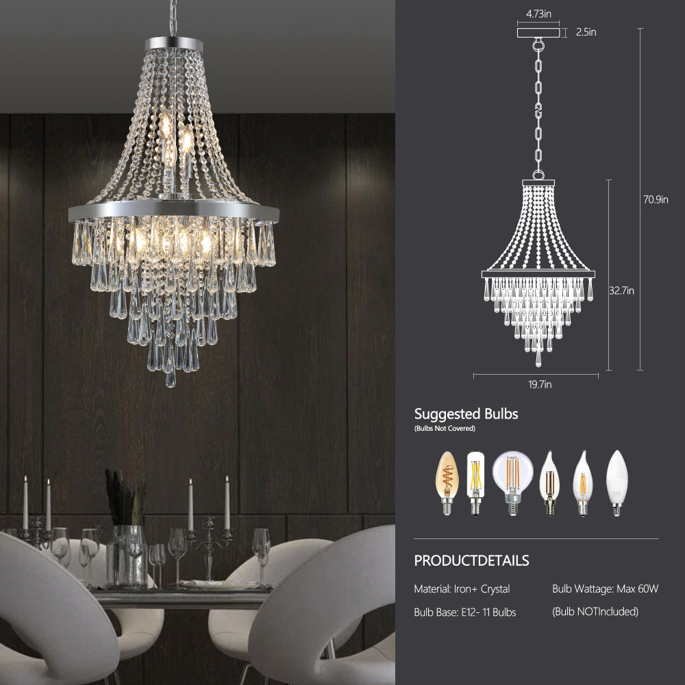 20" K9 crystal chandelier in a dining room, with product dimensions and suggested bulb types displayed.