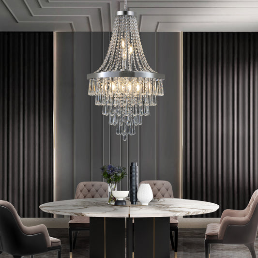 20" K9 Crystal Chandelier | 11-Light Modern Pendant with Adjustable Height 33"–71" — Chrome or Gold, Living Room, Dining Room & Staircase
