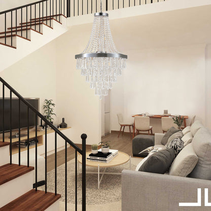 20-inch K9 crystal chandelier with chrome finish, 11 lights, adjustable height 33-71 inches, hanging in a modern living space with a staircase, light gray sofa, and neutral decor.