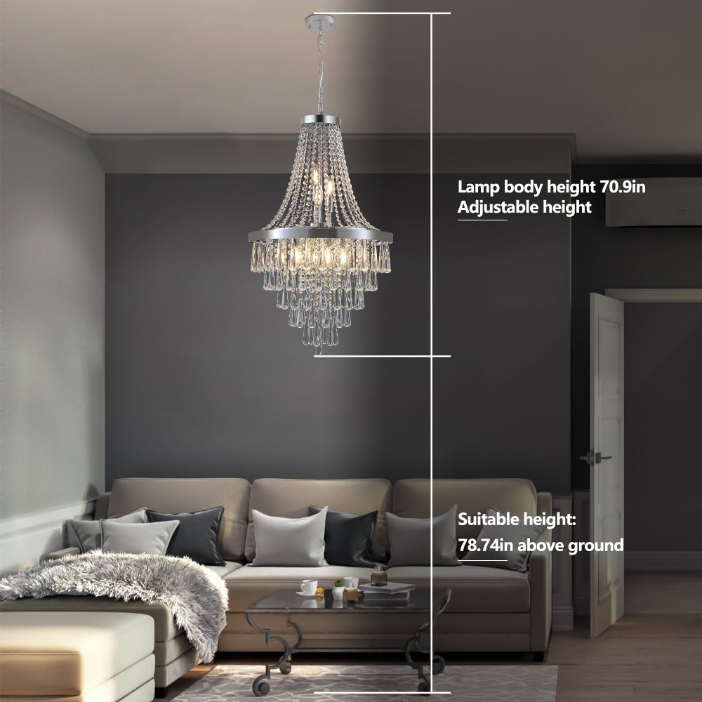20" K9 crystal chandelier in a modern living room, showing adjustable height and lamp body dimensions.