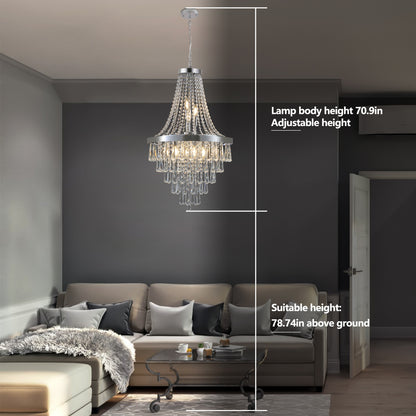 20" K9 crystal chandelier in a modern living room, showing adjustable height and lamp body dimensions.
