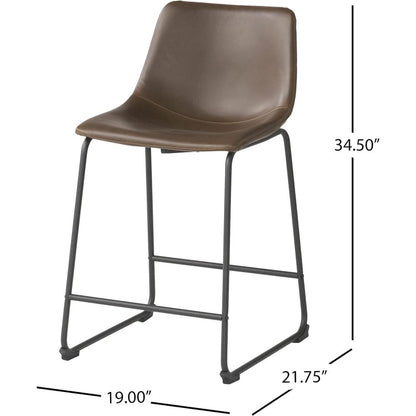 24" Vintage Brown Counter Stools with Wide Seat & Low Footrail | Set of 2 Upholstered Stools with Black Iron Frame