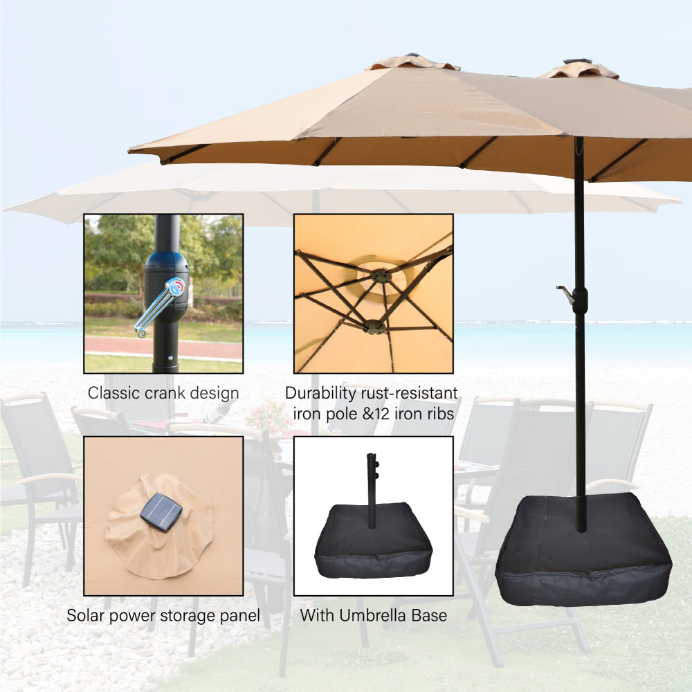 15×9 FT Double-Sided Patio Umbrella with LED Light & Base | Large Rectangular Market Umbrella with Crank & Wind Vents — Taupe