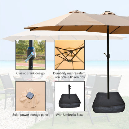 15×9 FT Double-Sided Patio Umbrella with LED Light & Base | Large Rectangular Market Umbrella with Crank & Wind Vents — Taupe