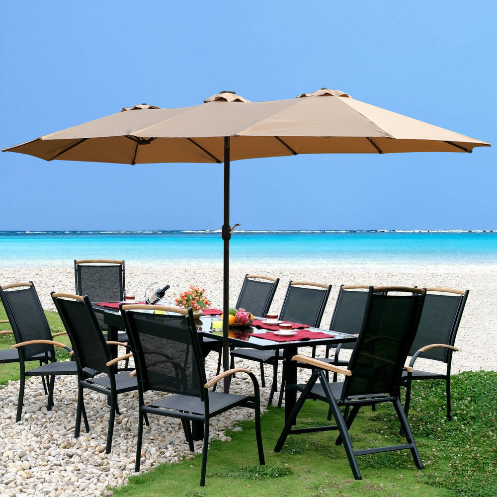 15×9 FT Double-Sided Patio Umbrella with LED Light & Base | Large Rectangular Market Umbrella with Crank & Wind Vents — Taupe