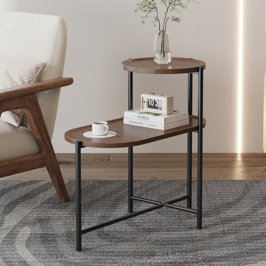 2-Tier Oval Coffee Table with Wood Storage Shelves | Modern Metal Frame Side Table, Walnut Brown Brown