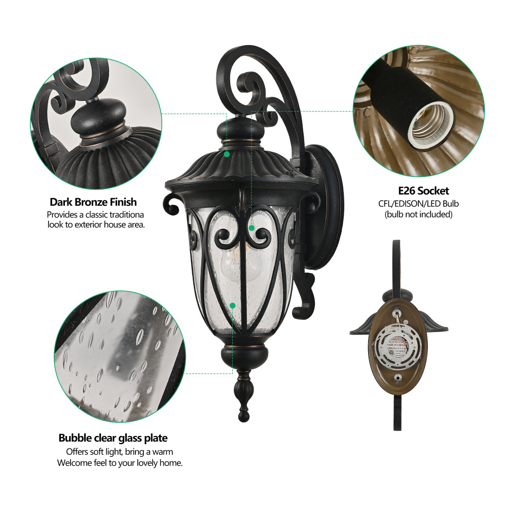 23" Outdoor Wall Lantern, Black Vintage Wall Sconce with Bubble Glass, Weatherproof Exterior Light Fixture for Porch, Patio & Entryway