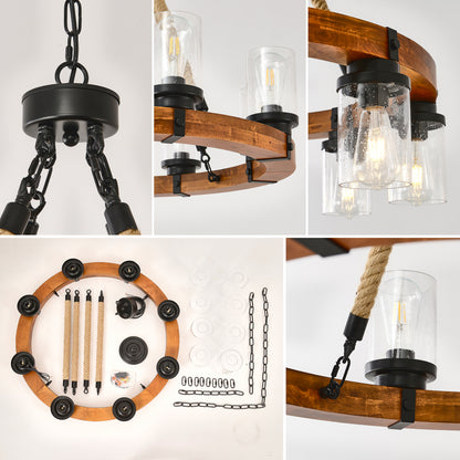8-Light Rustic Wagon Wheel Chandelier | 31" Wood Frame & Seeded Glass, Farmhouse Industrial Pendant