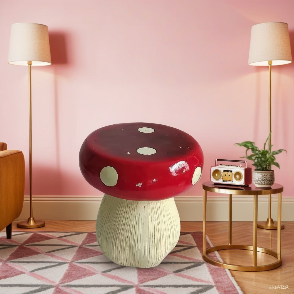 13.8" Mushroom Garden Stool | Hand-Painted Resin Decorative Stool with Forest Base — Indoor & Outdoor Whimsical Decor