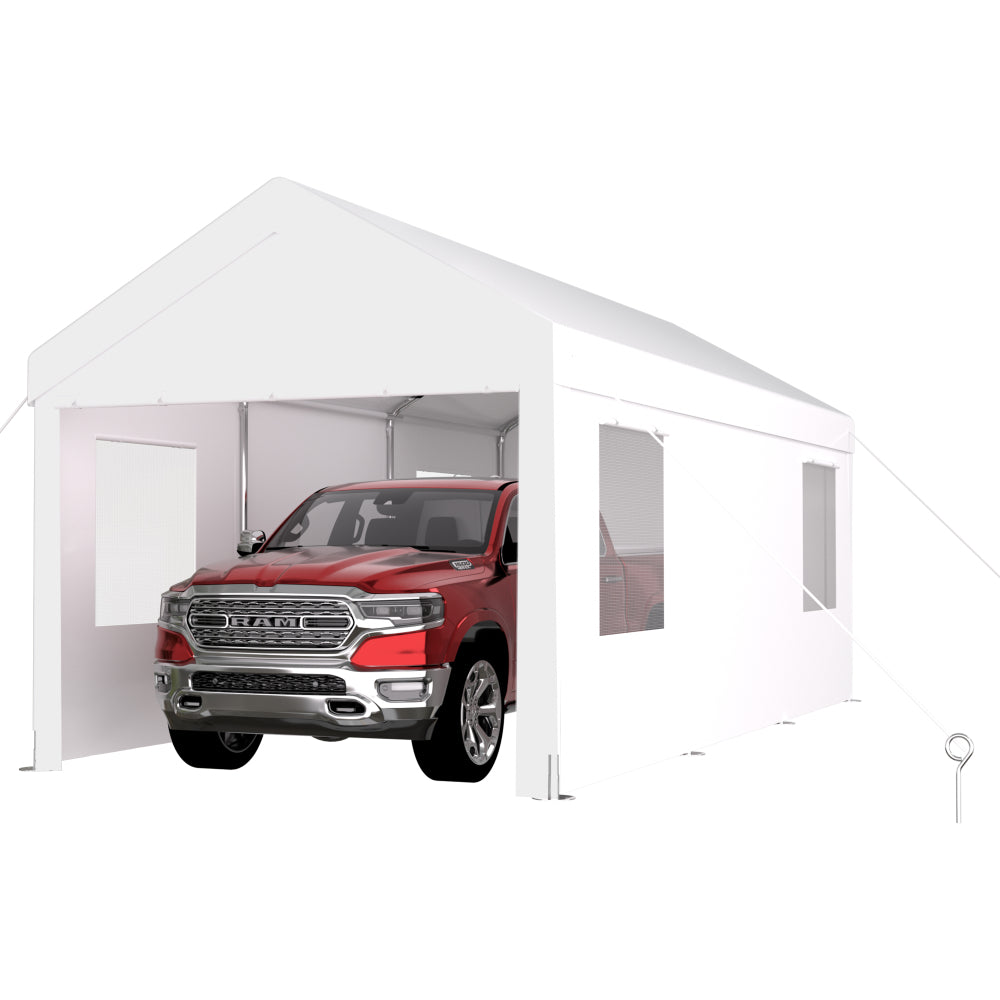 10×20 FT Portable Carport Garage | Heavy-Duty Galvanized Steel Frame with 2 Roll-Up Doors & 4 Ventilated Windows — White / Grey