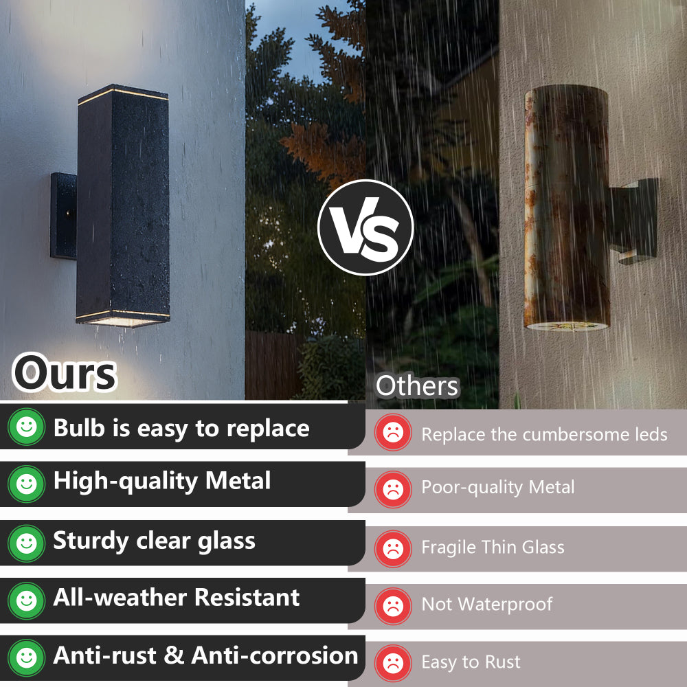 Modern Square Outdoor Wall Light | Up & Down Cylinder Aluminum Sconce — 3 Sizes, Waterproof Exterior Light for Porch, Patio & Garage (2-Pack)