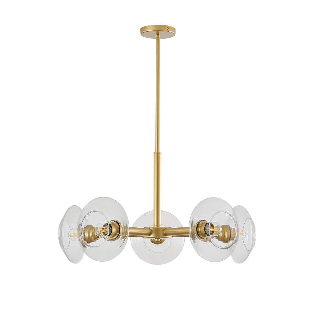 Gold mid-century modern sputnik chandelier with clear glass shades, five bulb fixtures, and sleek metal arms