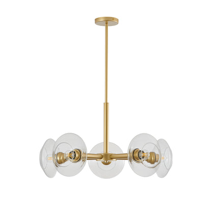 Gold mid-century modern sputnik chandelier with clear glass shades, five bulb fixtures, and sleek metal arms