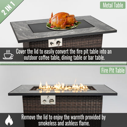 44" Propane Fire Pit Table | 50,000 BTU Rectangular Wicker Fire Table with Marble Tile Top & Glass Windscreen — Brown