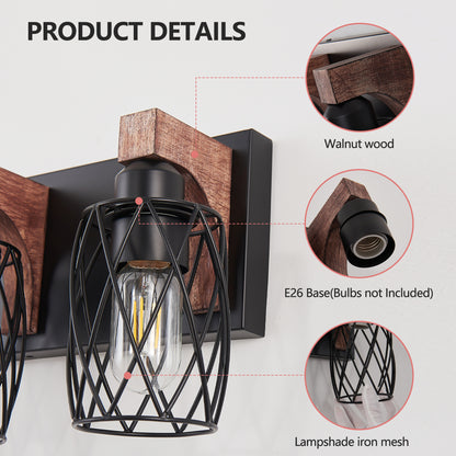 Industrial black cage wall sconce with wood accents, close-up of walnut wood, E26 base, and iron mesh lampshade details.