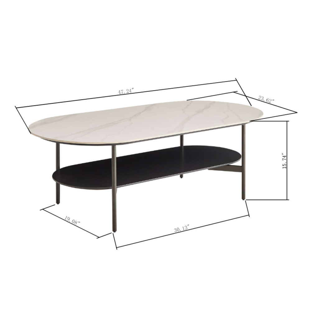 Ceramic Sintered Stone Coffee Table with Walnut Shelf | 47" Double-Layer Living Room Center Table — White & Coffee Brown