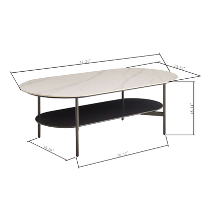 Ceramic Sintered Stone Coffee Table with Walnut Shelf | 47" Double-Layer Living Room Center Table — White & Coffee Brown