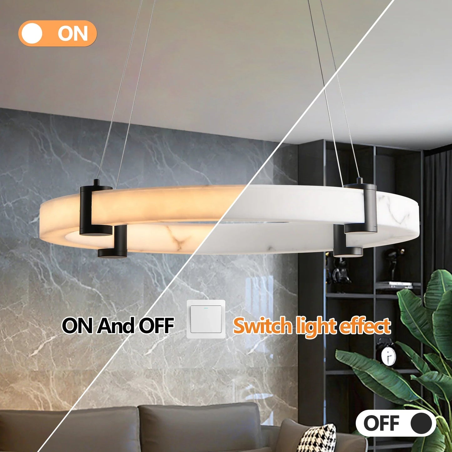 24" Round LED Pendant Light | Marble Texture Shade with Black Metal Frame — 26W Warm White 3000K, Adjustable Height