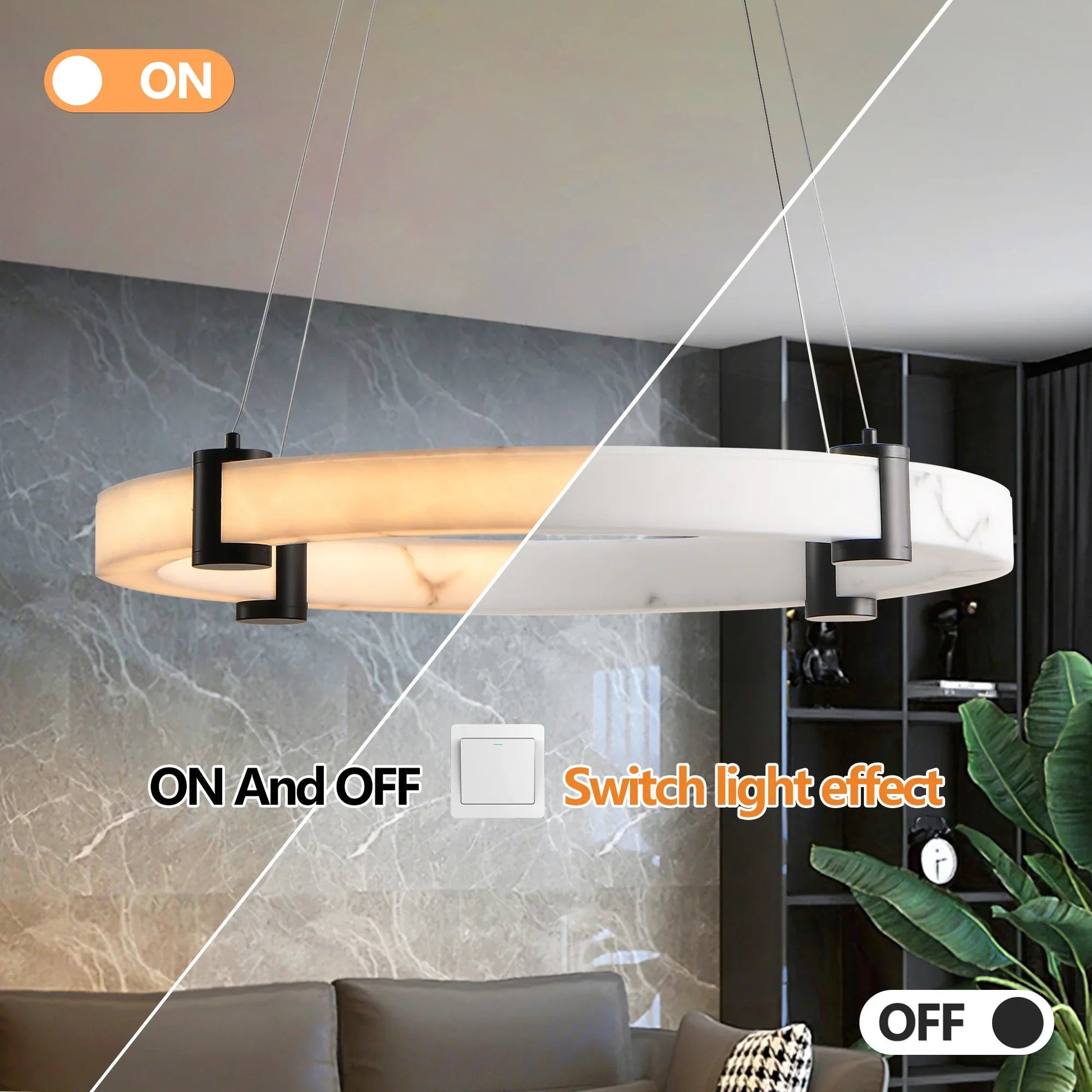 24" Round LED Pendant Light | Marble Texture Shade with Black Metal Frame — 26W Warm White 3000K, Adjustable Height