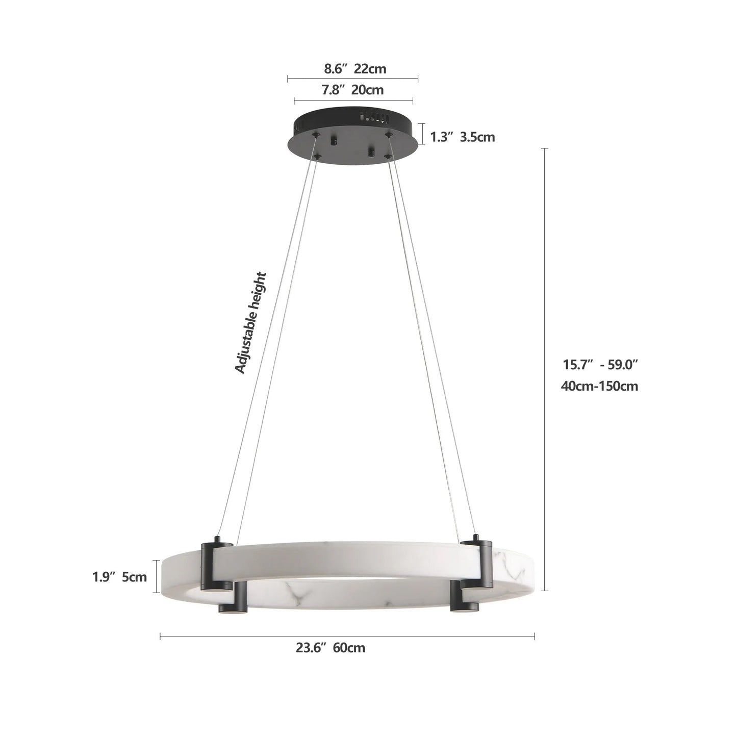 24" Round LED Pendant Light | Marble Texture Shade with Black Metal Frame — 26W Warm White 3000K, Adjustable Height