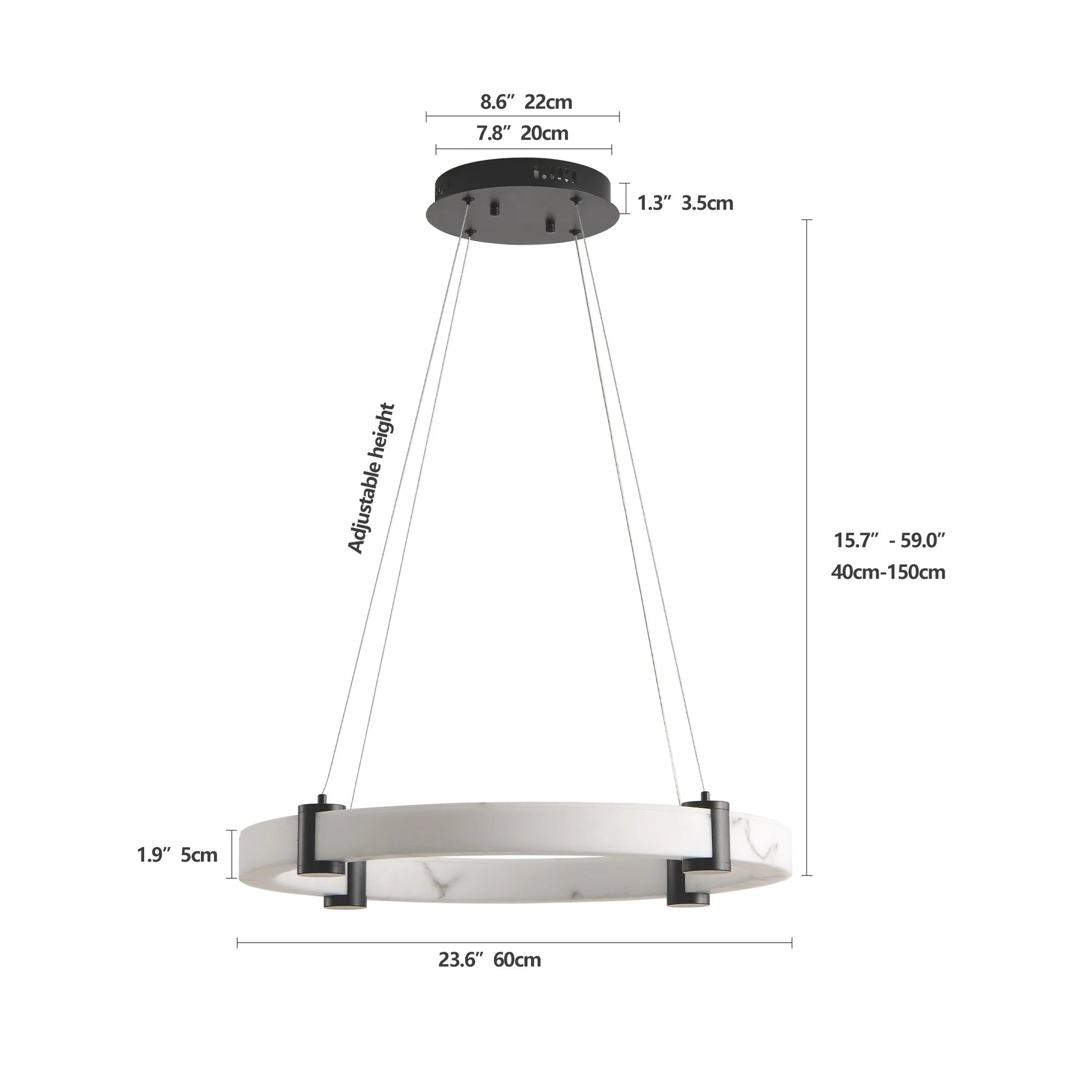 24" Round LED Pendant Light | Marble Texture Shade with Black Metal Frame — 26W Warm White 3000K, Adjustable Height