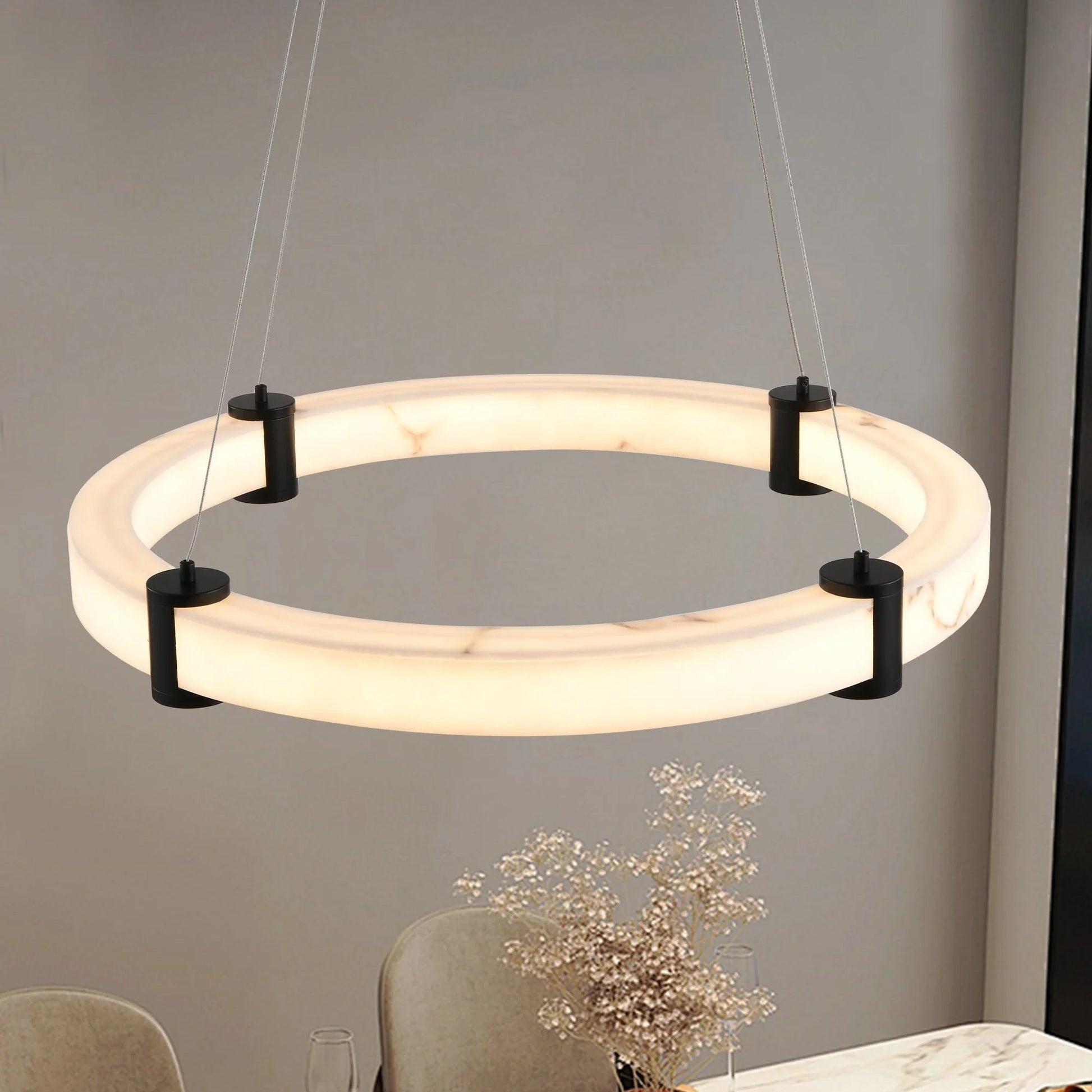 24" Round LED Pendant Light | Marble Texture Shade with Black Metal Frame — 26W Warm White 3000K, Adjustable Height