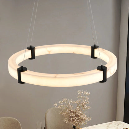 24" Round LED Pendant Light | Marble Texture Shade with Black Metal Frame — 26W Warm White 3000K, Adjustable Height