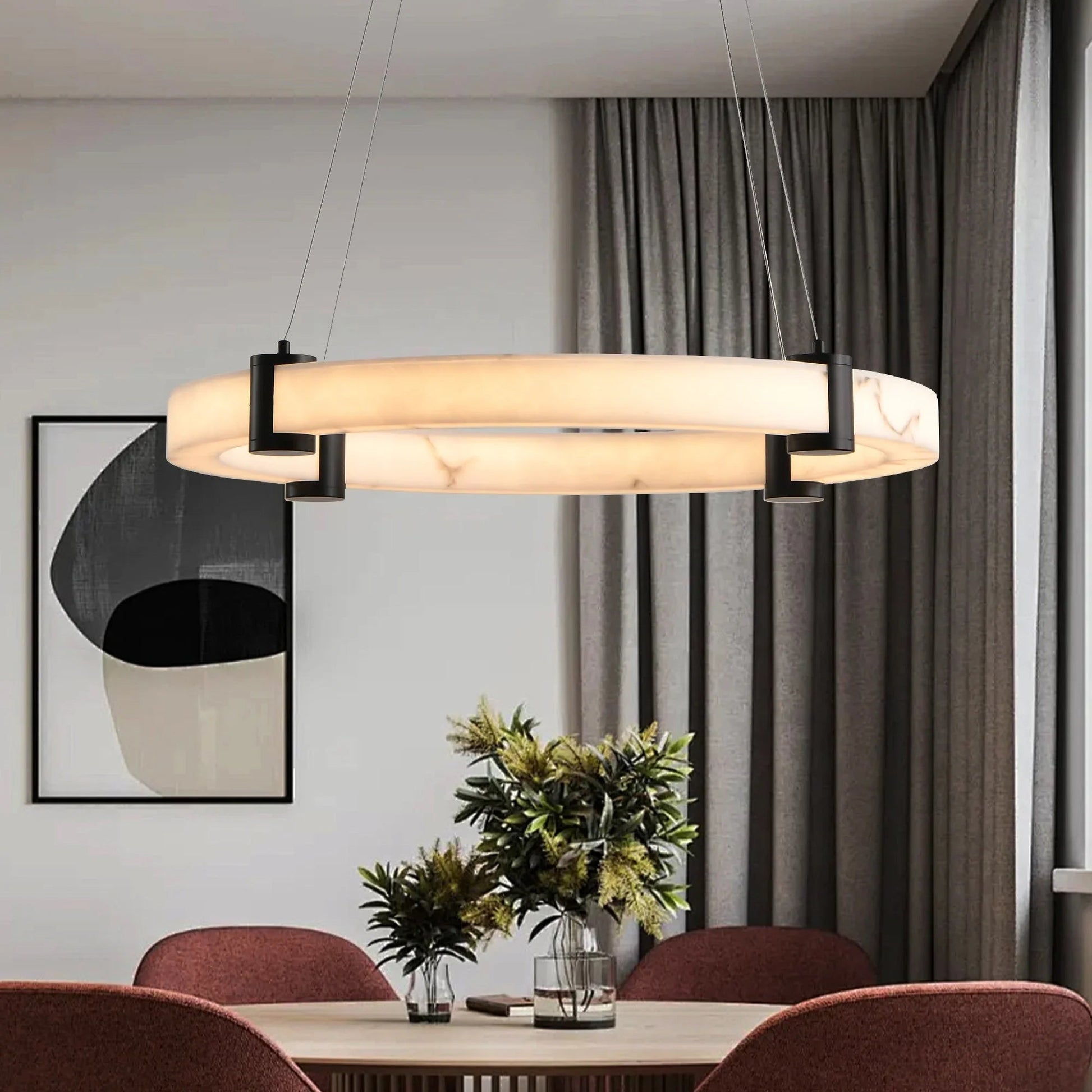 24" Round LED Pendant Light | Marble Texture Shade with Black Metal Frame — 26W Warm White 3000K, Adjustable Height