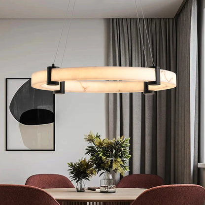 24" Round LED Pendant Light | Marble Texture Shade with Black Metal Frame — 26W Warm White 3000K, Adjustable Height