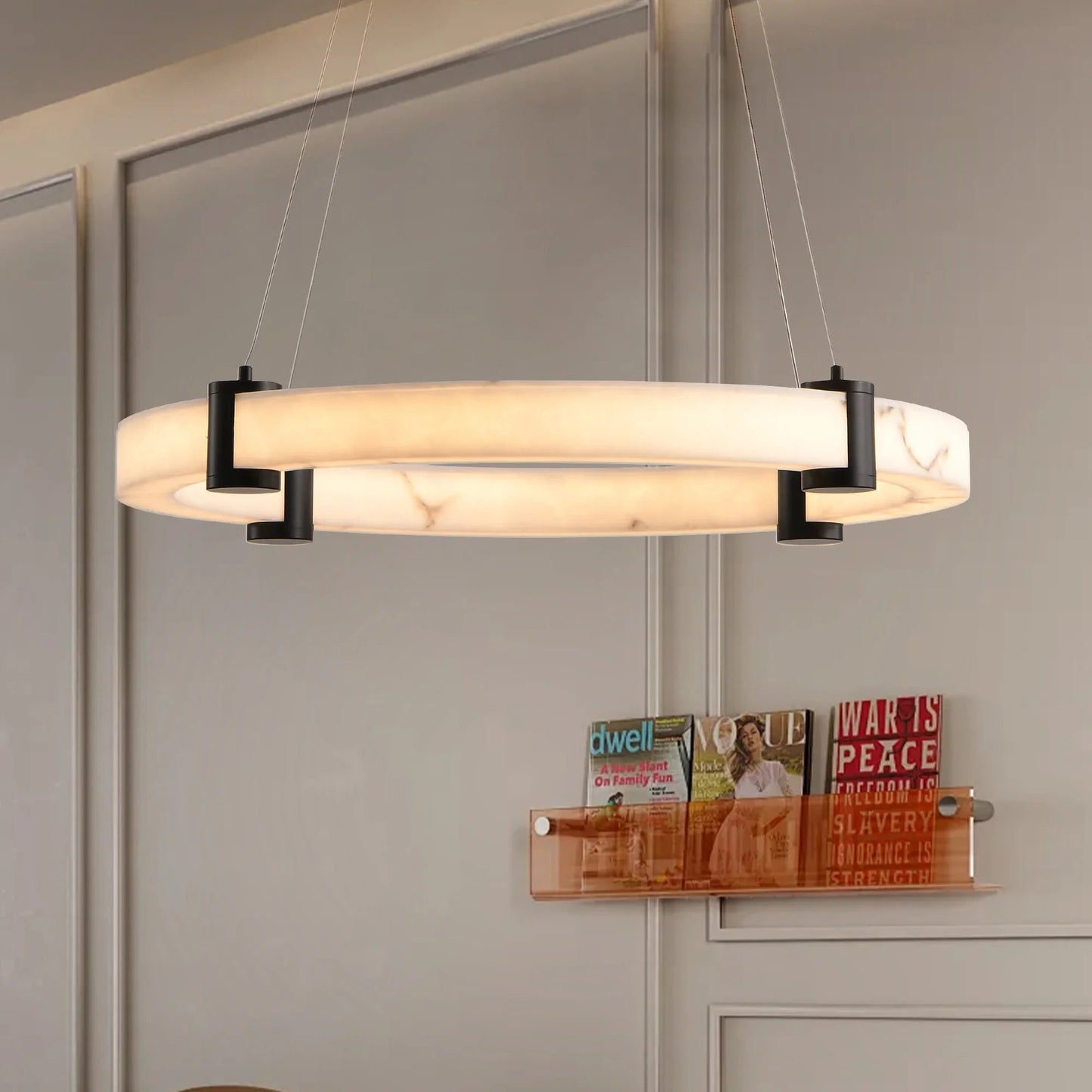 24" Round LED Pendant Light | Marble Texture Shade with Black Metal Frame — 26W Warm White 3000K, Adjustable Height