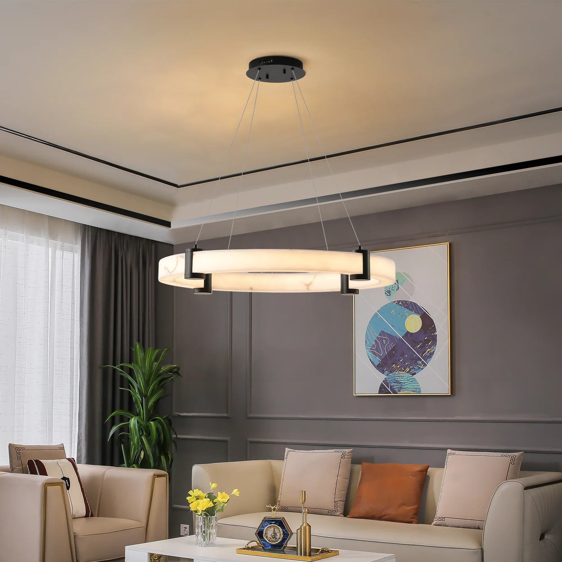 24" Round LED Pendant Light | Marble Texture Shade with Black Metal Frame — 26W Warm White 3000K, Adjustable Height