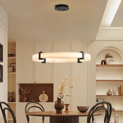 24" Round LED Pendant Light | Marble Texture Shade with Black Metal Frame — 26W Warm White 3000K, Adjustable Height