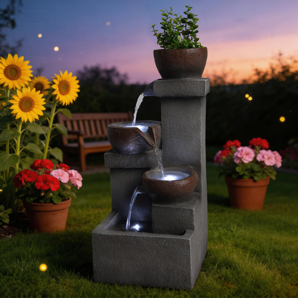Tiered Cascading Jar Outdoor Fountain with LED Lights | Resin Stone-Look Waterfall with Planter Top — Garden, Patio & Entryway Decor