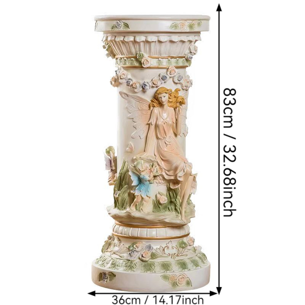 33" Luxury Roman Column Pedestal | Resin Fairy & Floral Relief Pillar Stand — Vintage European Decor for Living Room & Entryway