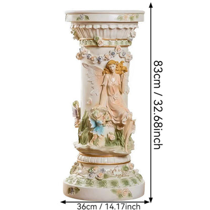33" Luxury Roman Column Pedestal | Resin Fairy & Floral Relief Pillar Stand — Vintage European Decor for Living Room & Entryway