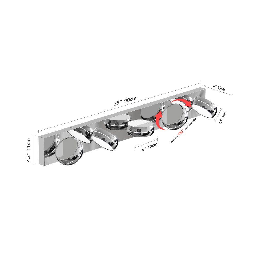 Technical diagram of modern chrome LED vanity light bar showing dimensions (35" length, 4.3" height) and 180° rotatable joints