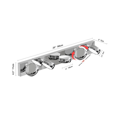 Technical diagram of modern chrome LED vanity light bar showing dimensions (35" length, 4.3" height) and 180° rotatable joints