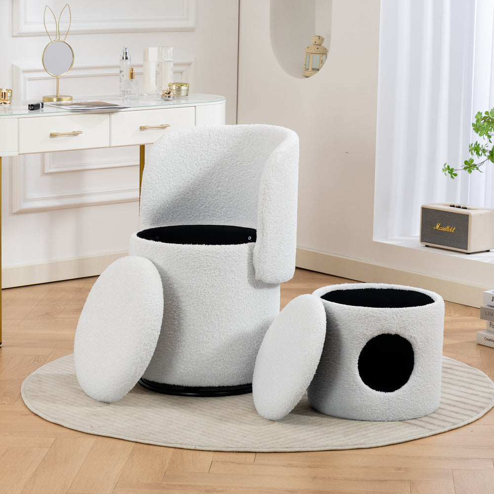 Upholstered Barrel Chair with Storage | 360° Swivel Vanity & Dining Seat, Free Cat Bed Included