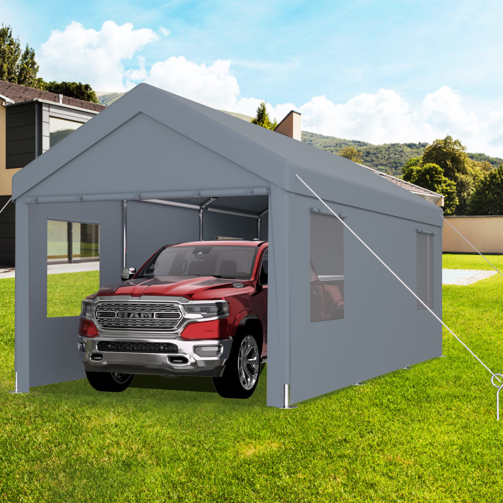 10×20 FT Portable Carport Garage | Heavy-Duty Galvanized Steel Frame with 2 Roll-Up Doors & 4 Ventilated Windows — White / Grey