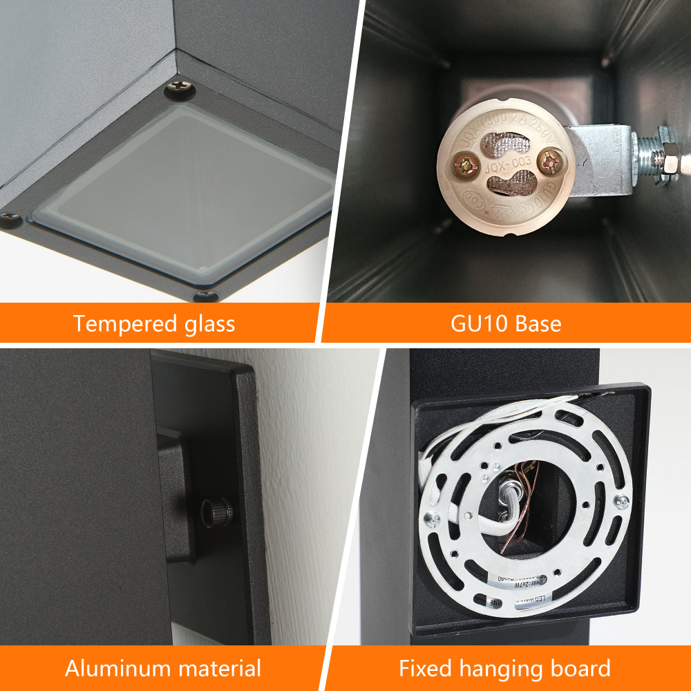 Close-up views of modern black outdoor wall sconce components: tempered glass panel, GU10 light base, aluminum housing, and fixed hanging board for secure installation.