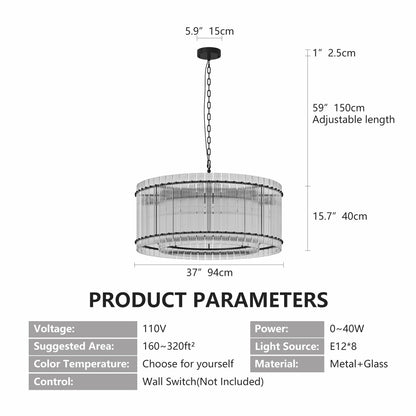 Product parameters diagram for Water Ripple Crystal Glass Chandelier, including dimensions, voltage, power, and material details.