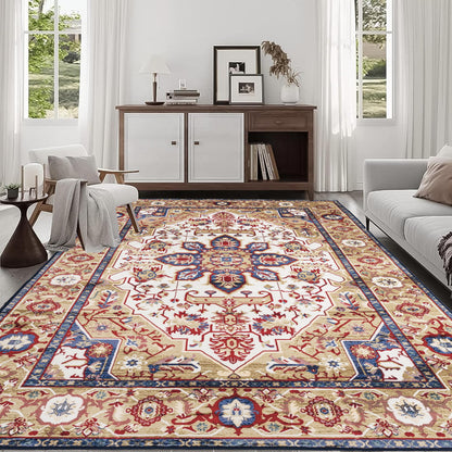 6×9 Vintage Bohemian Persian Area Rug | Washable Non-Slip Floral Design in Blue & Gold — For Living Room, Bedroom & Kitchen