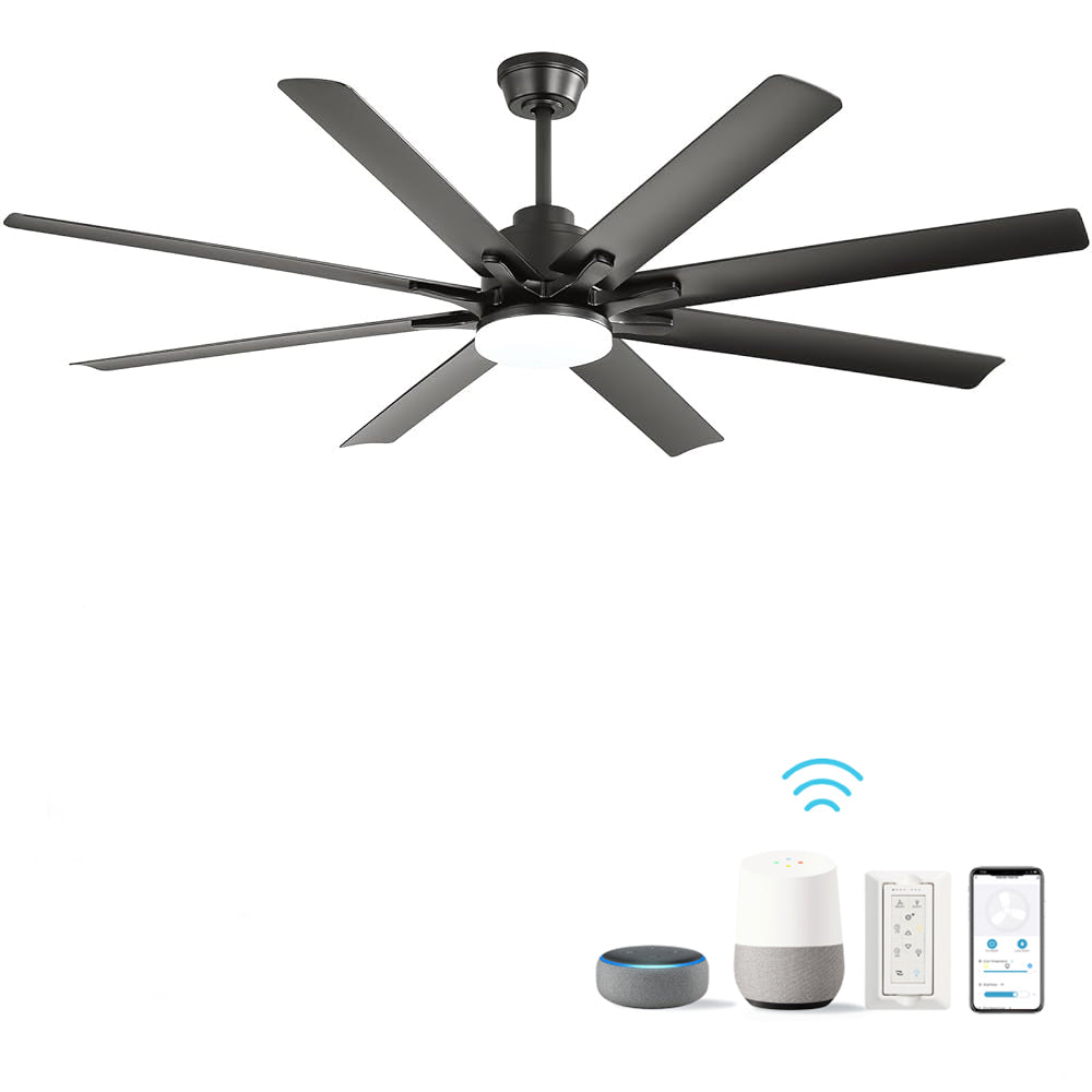 66" Smart Ceiling Fan with LED Light | 8-Blade Dimmable Fan with DC Motor, Remote, App & Voice Control — Alexa & Google Home Compatible Black