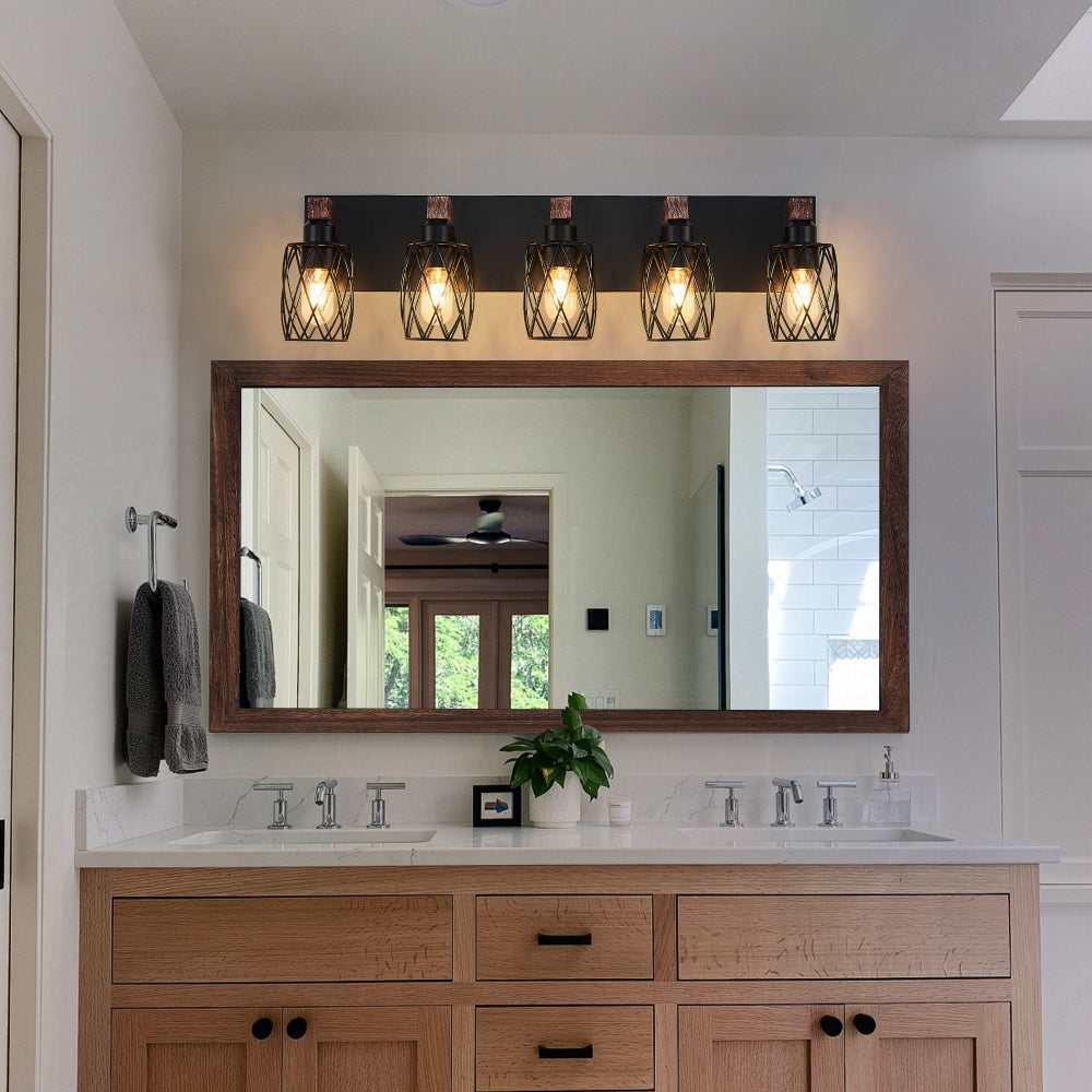 5-light industrial black metal cage wall sconce with wood accents above bathroom vanity mirror, warm lighting, suitable for bathrooms.