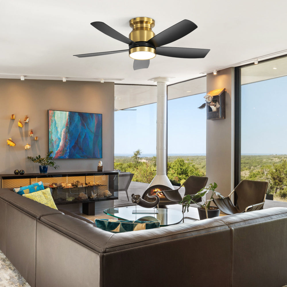 42" Flush Mount Ceiling Fan with LED Light & Remote – Dimmable 3CCT, Reversible DC Motor | Black, Gold & Black+Gold